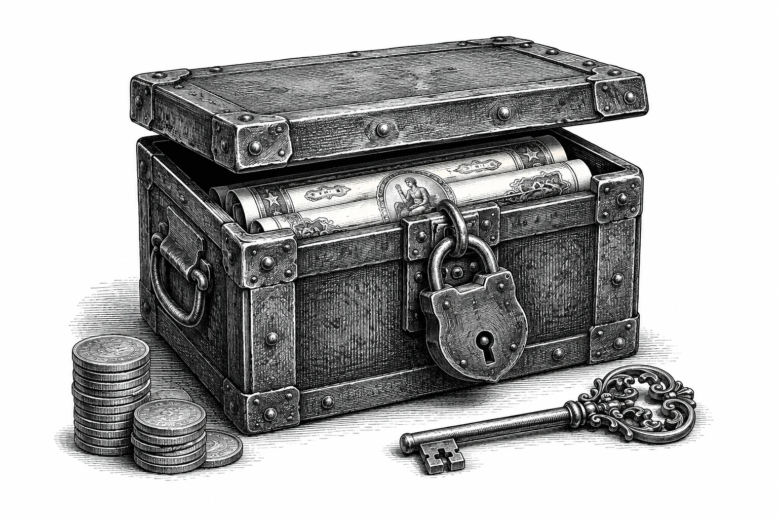 Engraving of a locked coffer holding certificates, with coins and a key beside it
