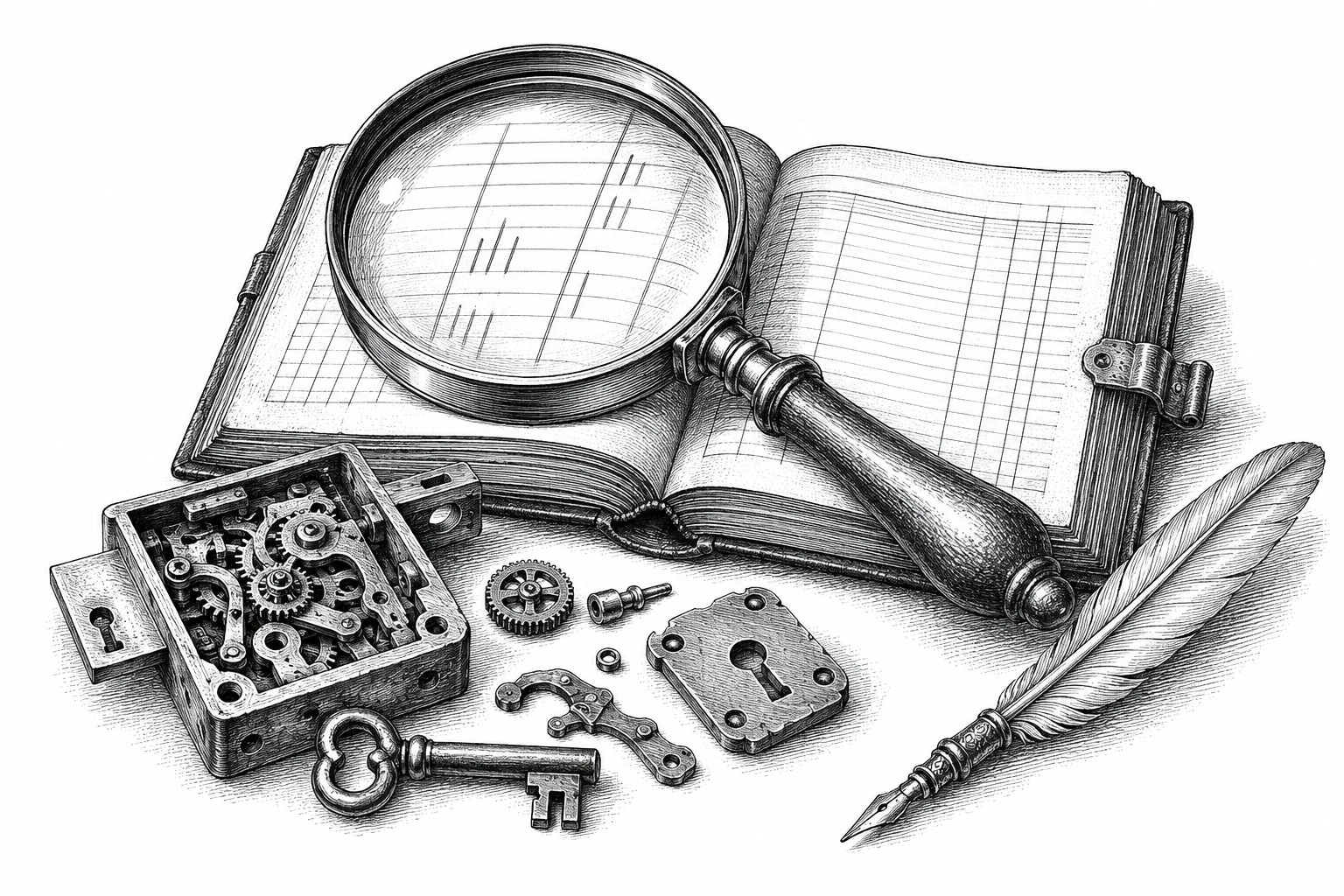 Engraving of a magnifying glass examining an open ledger beside a mechanical lock